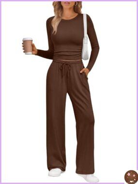 2 Piece Lounge Set Women Long Sleeve Wide Leg Pants Matching Sweat Set